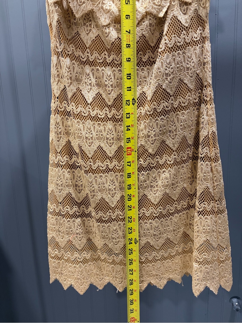 Lucky & Blessed One-Shoulder Scalloped Lace Dress in Tan - Picture 5 of 6
